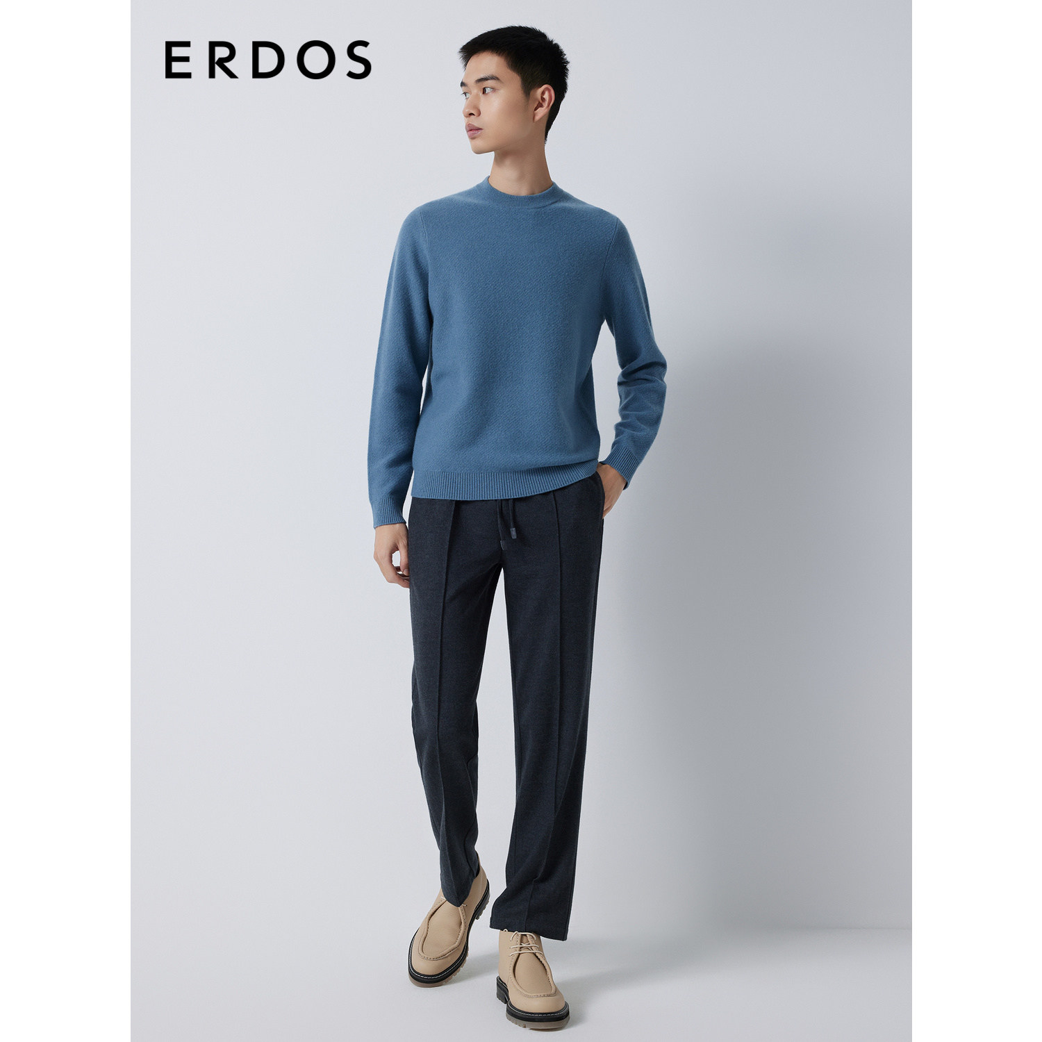 ERDOS 男装羊绒衫早秋圆领纯色翻花微弹厚款百搭针织衫,淘宝优惠券,粉丝福利购,淘宝优惠卷