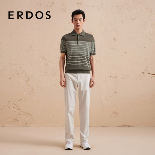 ERDOS 桑蚕丝棉混纺短袖POLO衫夏橄榄绿提花渐变条纹男士半袖上衣 - 图0