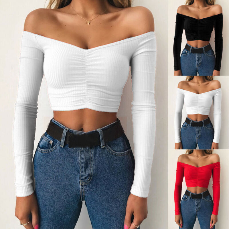 3 colors Women Sexy Off Shoulder Long Sleeve Shirt Cropped - 图3