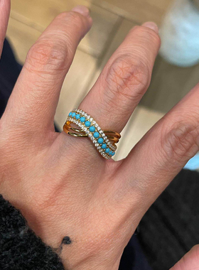 仿绿松石交错金色戒指女复古高级