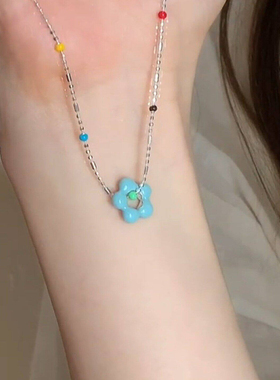 多巴胺蓝色滴釉花朵圆珠项链小众
