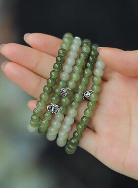 925纯银渐变素珠和田玉手链ins小众设计青白玉手串复古吊坠送礼物