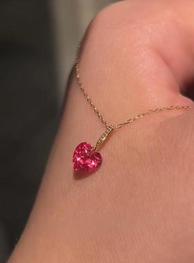 复古悬浮爱心仿红宝石极细项链女