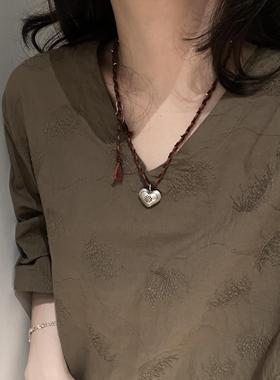 新中式花朵爱心项链女款高级小众民族风做旧设计感编织毛衣链秋冬