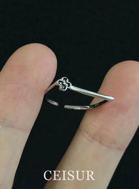 极简平行杠黑色花朵戒指女士小众