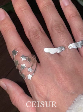 925纯银复古y2k天使翅膀星星戒指时尚小众高级开口指环食指戒气质