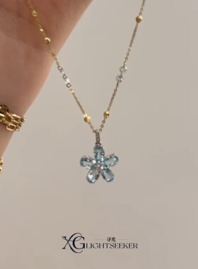 新中式小清新冰透蓝色花朵项链女
