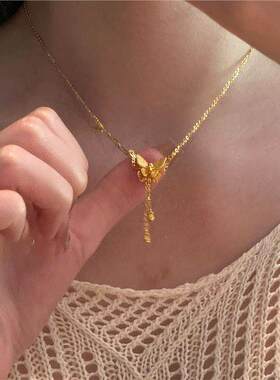 S925纯银超闪金色立体蝴蝶吊坠流苏项链女款中古锁骨链小众设计感