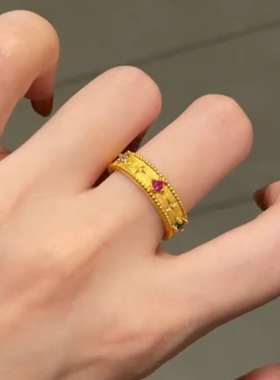彩色仿宝石星芒宽口金色戒指中古