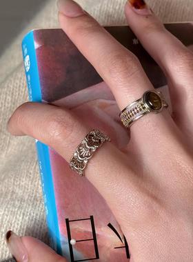 复古做旧镂空雕花仿虎眼石戒指女