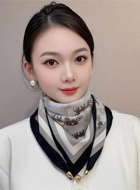 磁扣棉麻小方巾丝巾女春秋薄款百搭护颈领巾三角围巾夏季保暖围脖