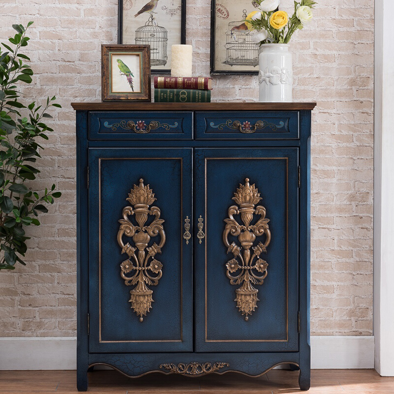 美式鞋柜两斗两门柜复古做旧蓝色实木收纳柜门厅柜储物柜雕花家具
