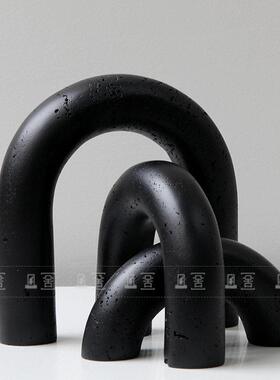 现简约侘寂风仿洞石几何拱形摆件样板房酒店客厅书房桌面装饰品