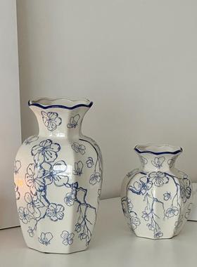 新中式高级感桌面摆件玄关装饰青花陶瓷花瓶彷真花礼物客厅工艺礼