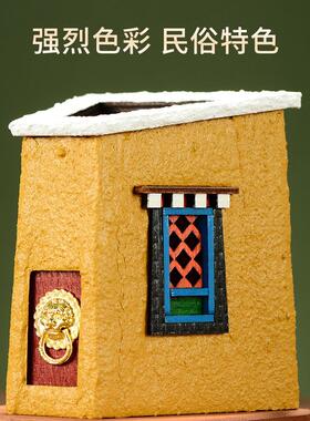 藏村中国风金桶笔筒藏建筑文化创意手工实木彩绘储物摆件