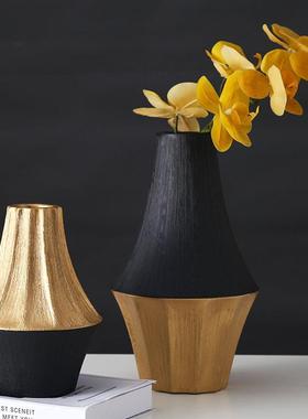 新中式黑金色轻奢陶瓷花瓶摆件花器插花样板间客厅桌面高档摆设