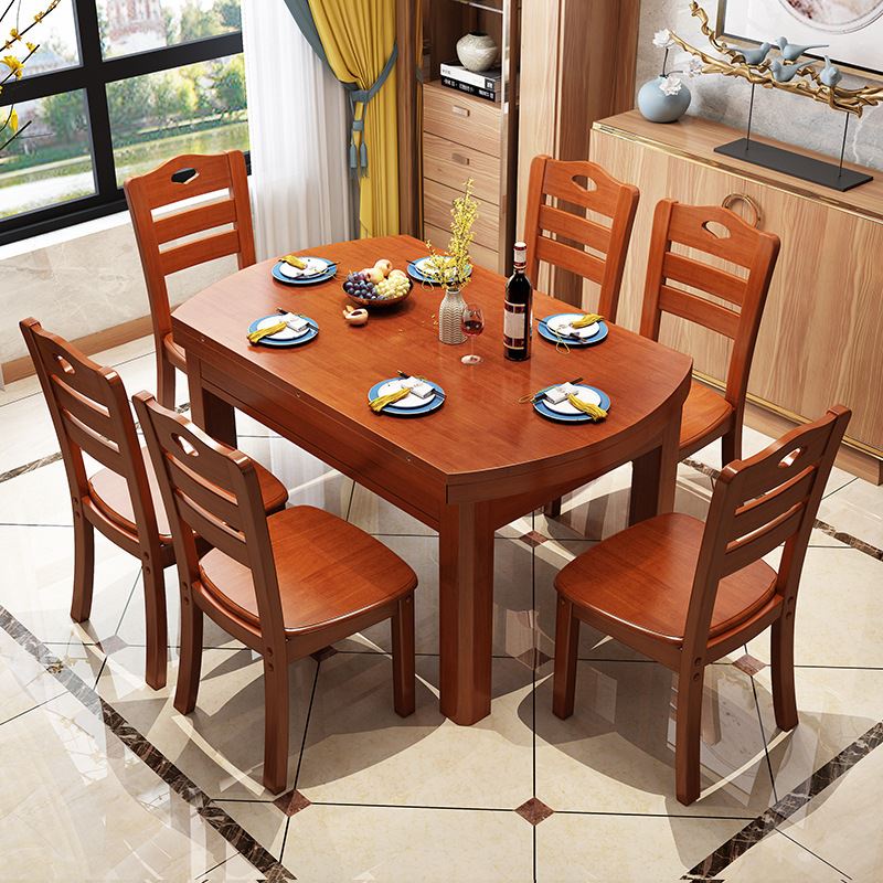 中式家具跳台伸缩折叠全实木圆餐桌椅组合小户型食堂餐厅饭桌子
