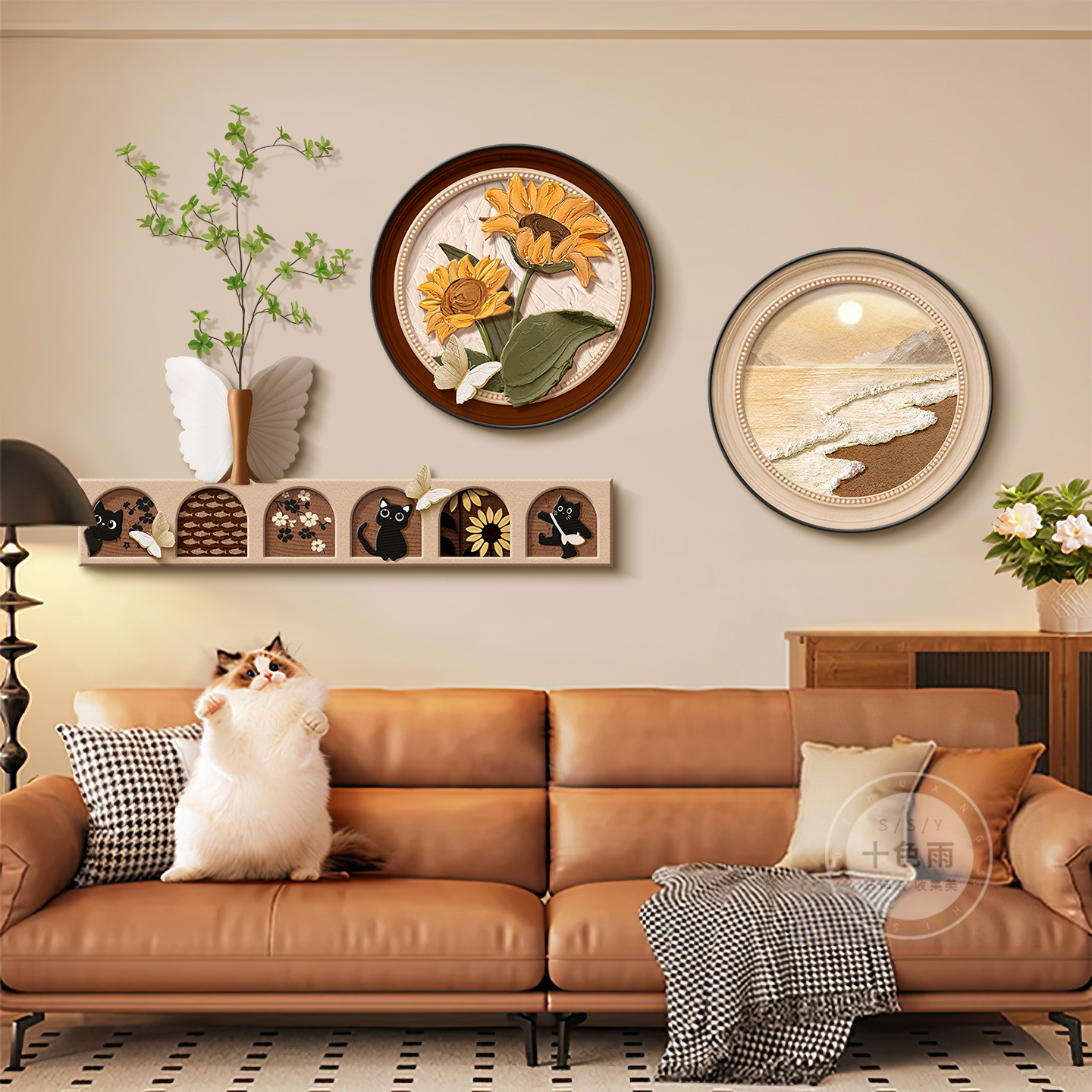 中古风向日葵客厅装饰画法式沙发背景墙组合壁画绿植入户玄关挂画