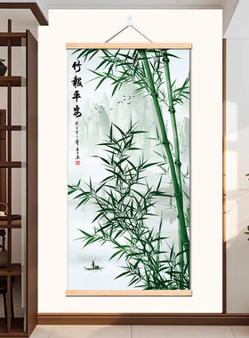 新中式免打孔卷轴梅兰竹菊挂画背景墙面装饰画客厅茶室民宿墙壁画