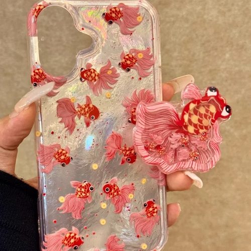 文艺国风红色锦鲤适用苹果17promax手机壳iPhone16pro冰川纹oppo华为荣耀400小米15/14带支架vivo少女防摔壳 - 图2