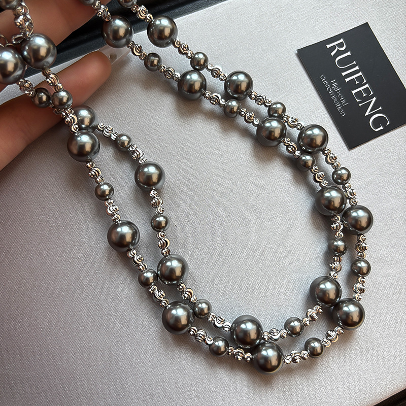 法式真多麻灰色珍珠项链女高端配饰2025新款轻奢高级感毛衣链颈链 - 图0