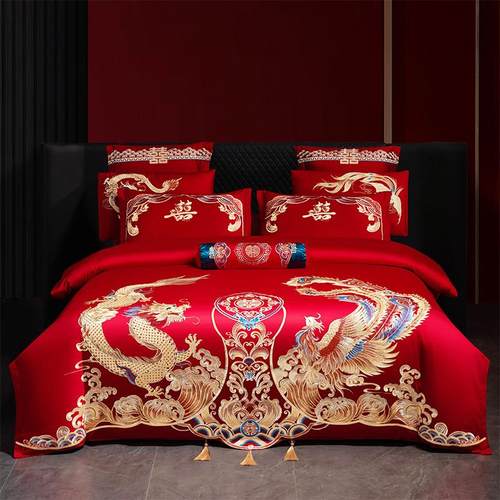 高档婚庆四件套大红喜庆被套新结婚房中式龙凤刺绣婚嫁礼床上用品 - 图2