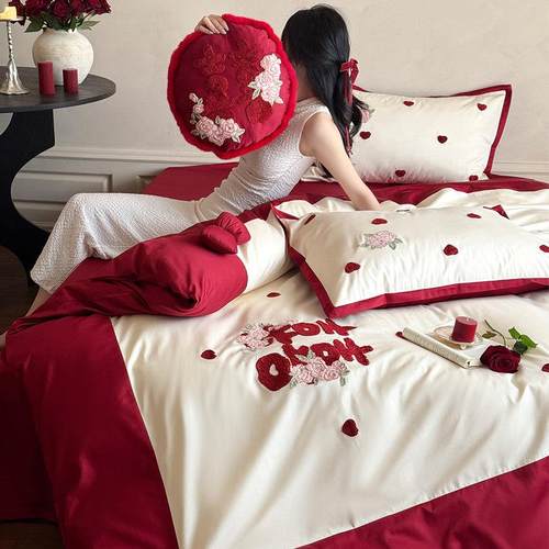 玫瑰花毛巾绣婚庆四件套全棉小清新爱心喜字红色结婚被套床单床笠 - 图3