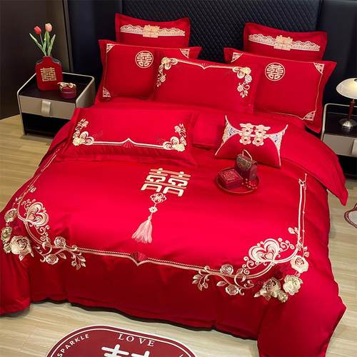 高档婚庆四件套大红喜庆被套新结婚房中式龙凤刺绣婚嫁礼床上用品 - 图1