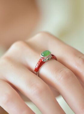 2024新款旗开得胜绿色锆石戒指珐琅复古中式国风气质文艺指环