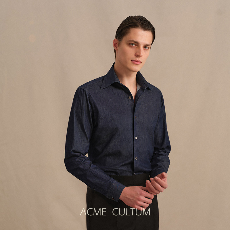 Acme cultum纯棉靛蓝染八字领原色丹宁牛仔衬衫男休闲长袖衬衣,淘宝优惠券,粉丝福利购,淘宝优惠卷