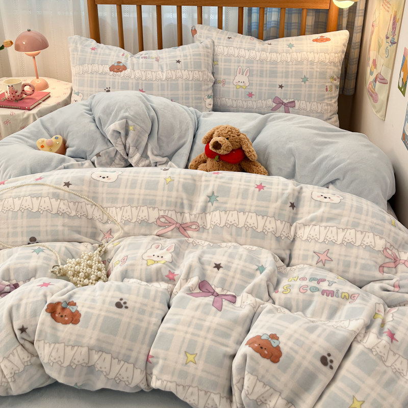 q2 2025 新款冬季加厚牛奶绒印花床单款绣花床裙款四件套