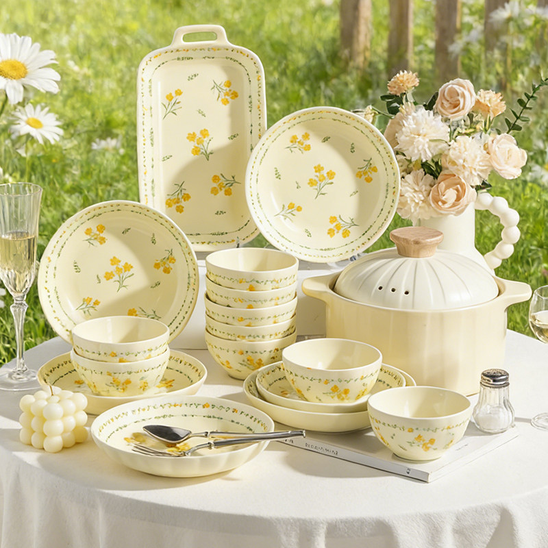 2026新款高颜值清新田园风釉下彩碗家用陶瓷碗碟套装餐具碗具乔迁