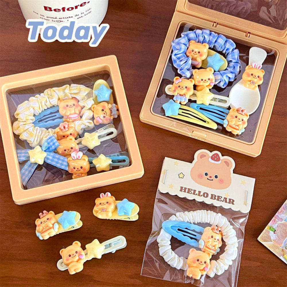 跨境海外新款可爱奶黄小熊发饰套装软妹碎发刘海夹学生马尾发绳侧,淘宝优惠券,粉丝福利购,淘宝优惠卷