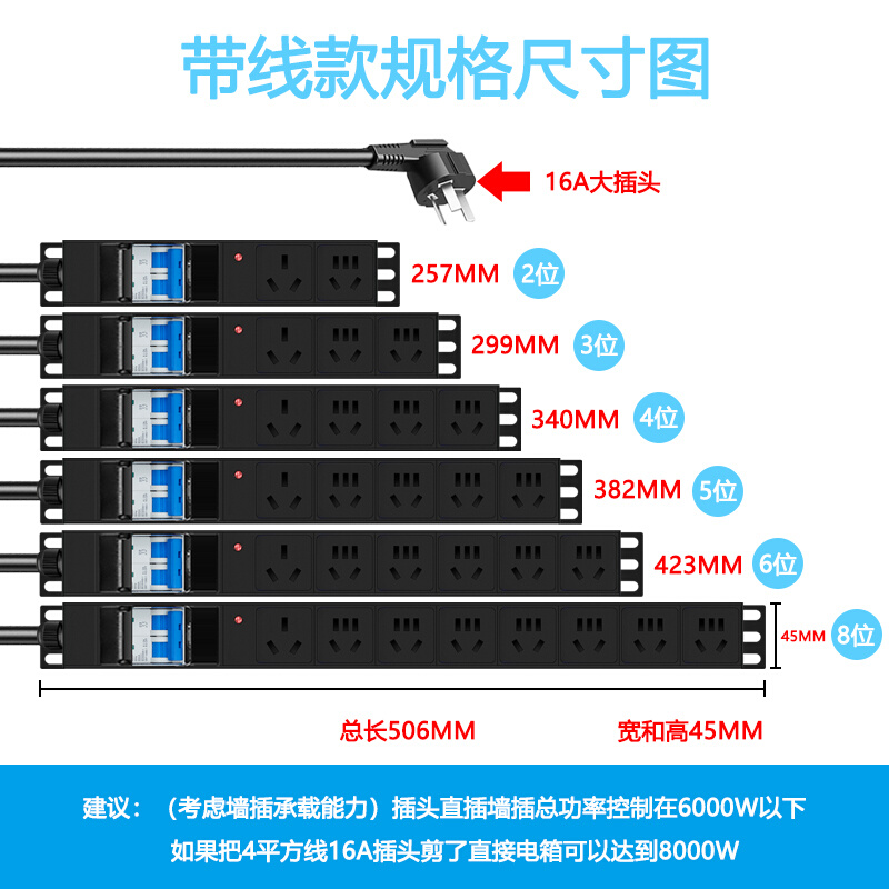 协生PDU大功率排插座32A8000W空开漏保防过载16A工业无线接拖线板