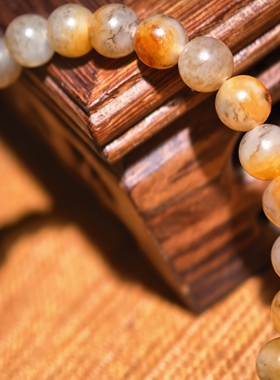 新疆和田玉籽料黄沁6mm圆珠手链天然原色水草沁单圈手串保真油润