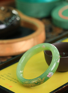 正宗和田玉翠青描金富贵有余56圈口手镯少女天然玉石高档珠宝送礼