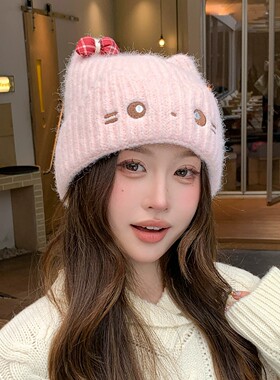 秋冬款可爱猫咪蝴蝶结保暖毛线帽