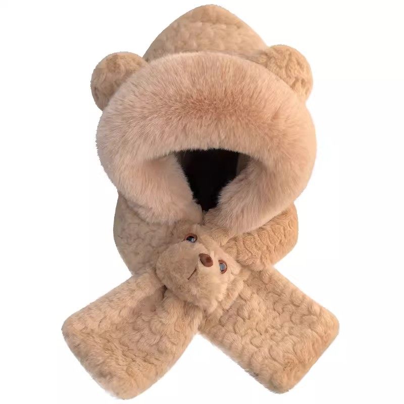 小熊毛绒帽子围巾两件套女2026新款保暖防寒一体连帽围脖居家套装,淘宝优惠券,粉丝福利购,淘宝优惠卷