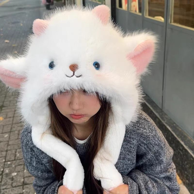 秋冬季新款女耳朵会动小羊帽子围巾一体加厚绒防寒护耳帽居家套装,淘宝优惠券,粉丝福利购,淘宝优惠卷