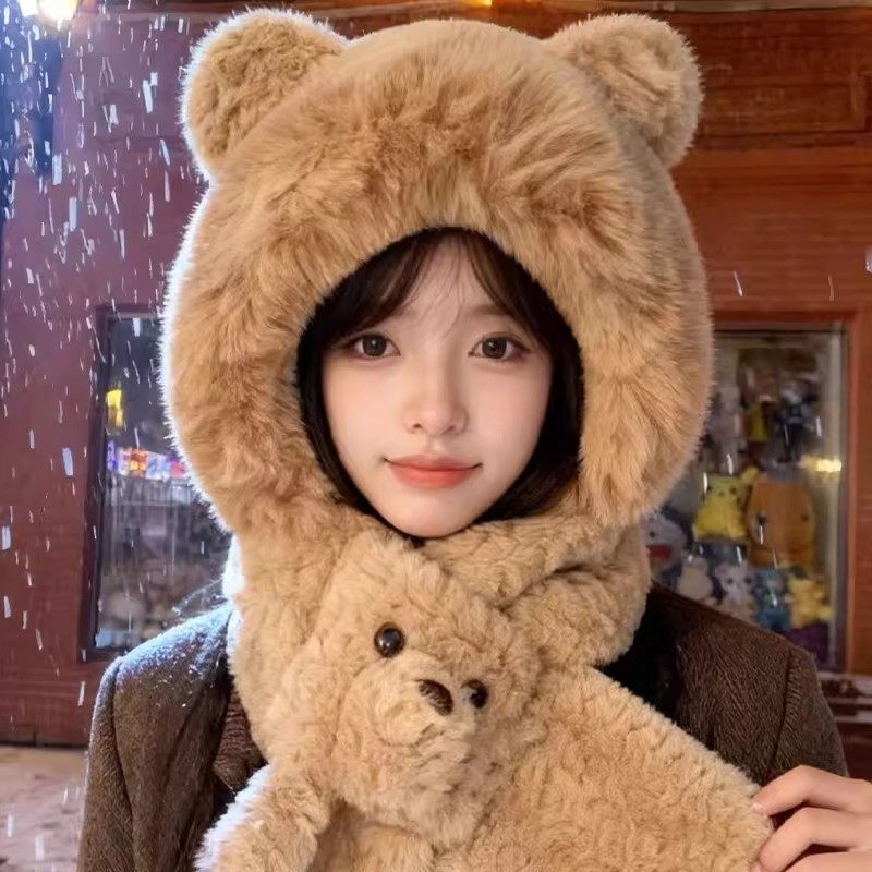小熊毛绒帽子围巾两件套女2026新款保暖防寒一体连帽围脖居家套装,淘宝优惠券,粉丝福利购,淘宝优惠卷