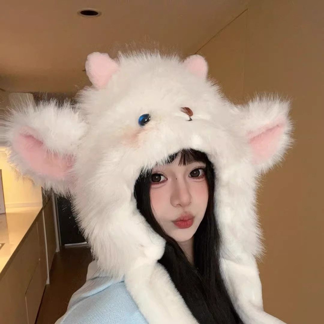 秋冬季新款女耳朵会动小羊帽子围巾一体加厚绒防寒护耳帽居家套装,淘宝优惠券,粉丝福利购,淘宝优惠卷