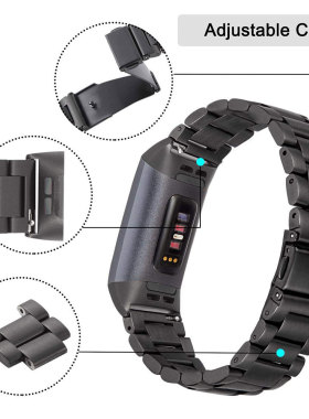 适用Fitbit Charge2/3/4/5三珠金属表带Charge 3SE不锈钢腕带钢带