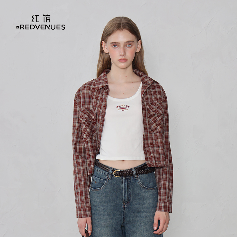 红馆2025早秋款长袖衬衫复古美式bm格子衬衫女红色小上衣外套女 - 图2