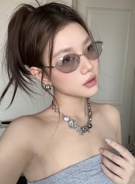 复古欧美金属老钱风墨镜女透明灰色高级感方圆脸显瘦猫眼太阳镜潮