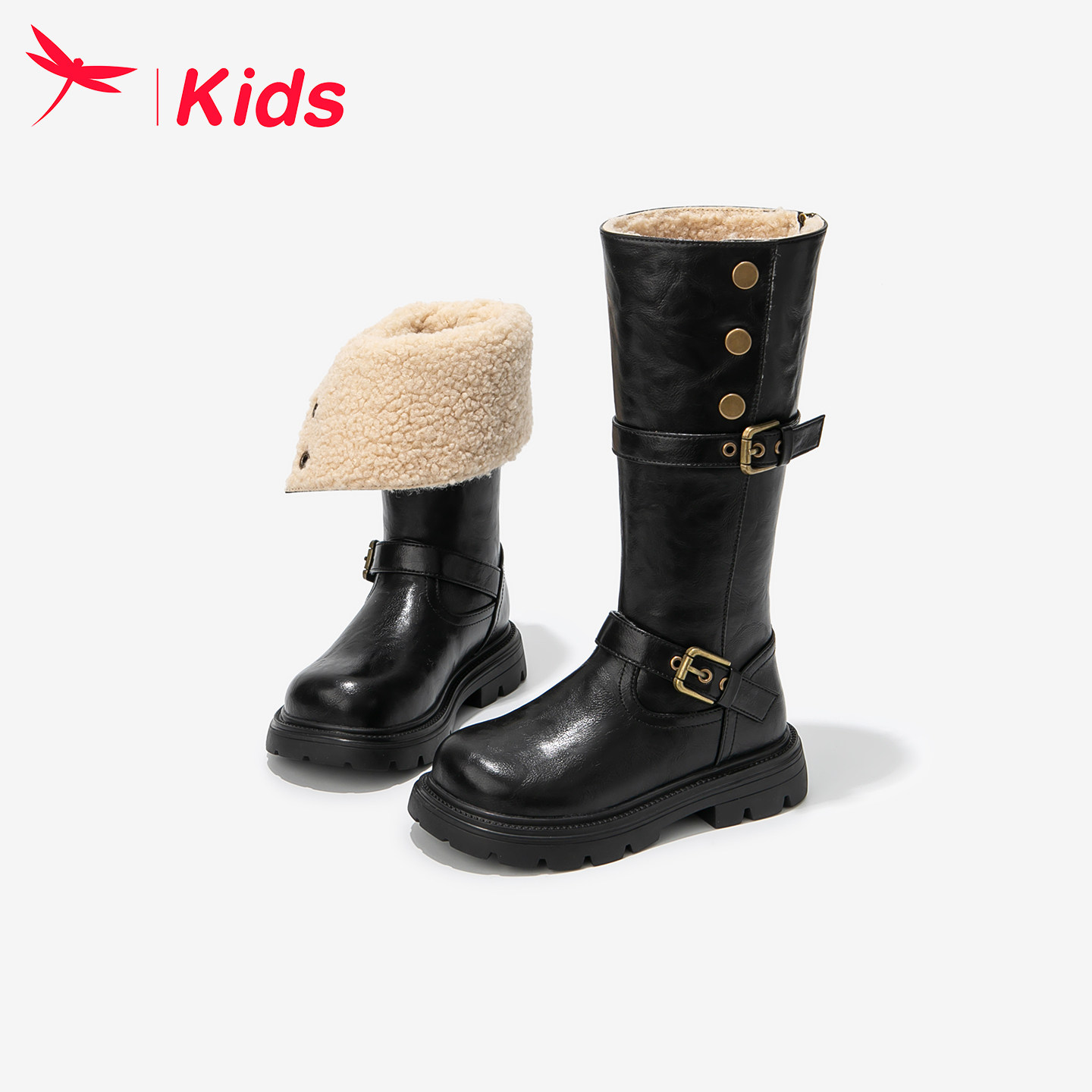 红蜻蜓女童鞋子儿童长筒长靴2026新款冬季公主马丁高筒小皮靴黑色,淘宝优惠券,粉丝福利购,淘宝优惠卷