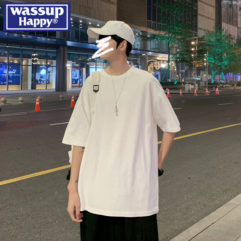 wassup happy满天星空短袖t恤男夏季潮牌美式重磅宽松圆领上衣服-图1