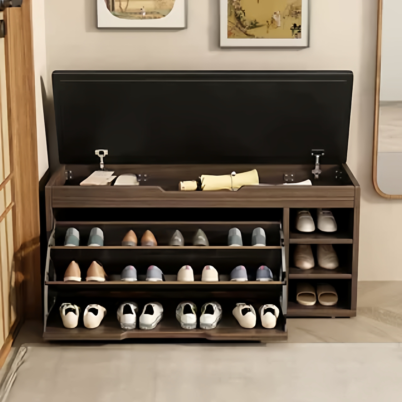 家用进门口可坐式极窄翻斗鞋柜穿换鞋凳一体入户玄关超薄软包坐凳 - 图0