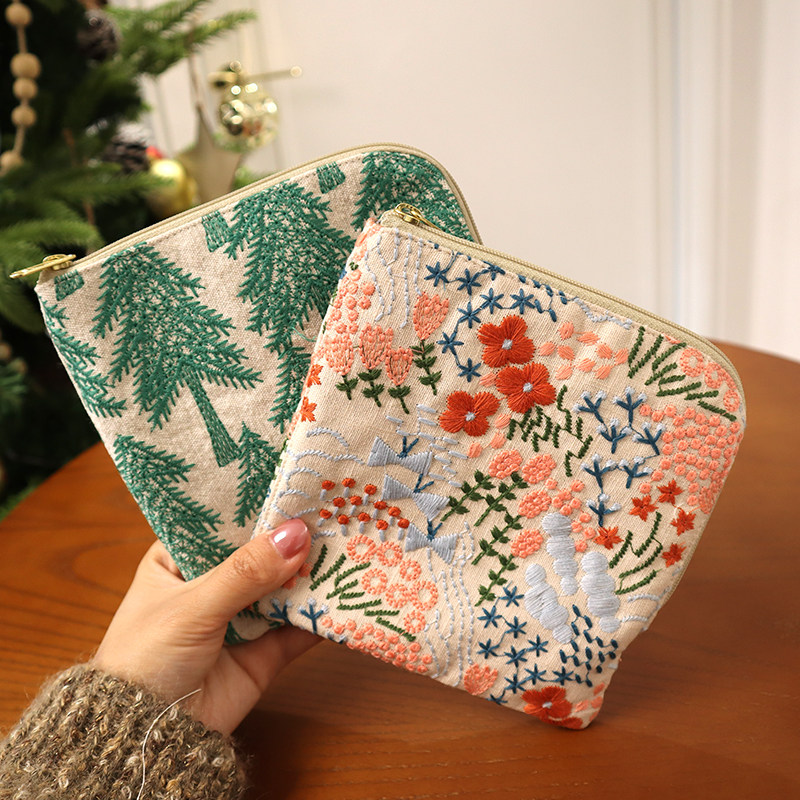 日系刺绣花朵L型拉链棉麻收纳包多功能化妆包零钱包耳机钥匙收纳,淘宝优惠券,粉丝福利购,淘宝优惠卷