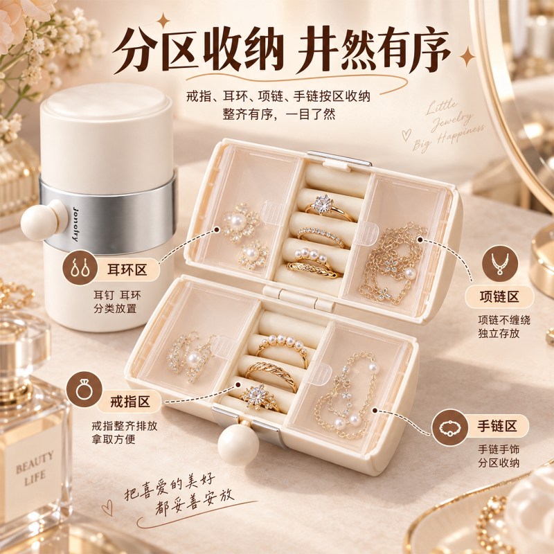 Light luxury style jewelry box cylindrical travel portable multi-layer jewelry storage box portable earrings necklace ring storage box