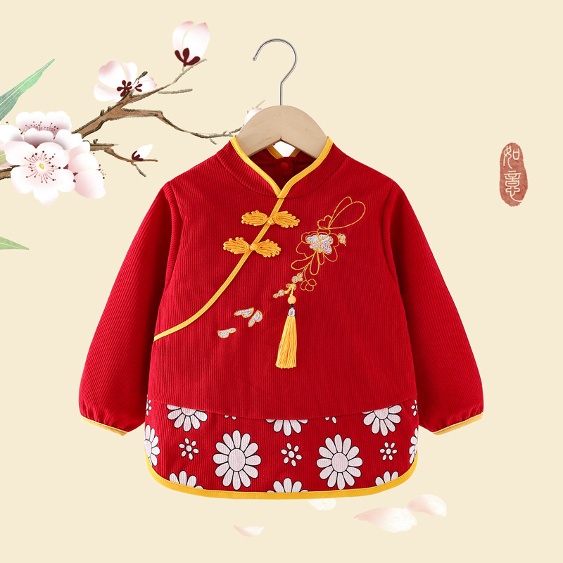 Baby smock, autumn and winter outer wear, children's Chinese style eating waterproof anti-dirty bib baby corduroy long-sleeved protective clothing